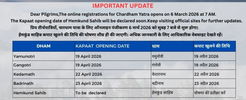 Online Registrations date for Char Dham Yatra